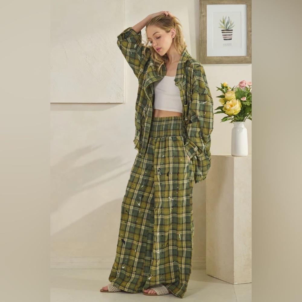 Evan Washed Plaid Wide Leg Pant